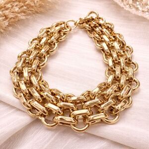 Gold Tone Multi Layered Chunky Interlinked Statement Bracelet